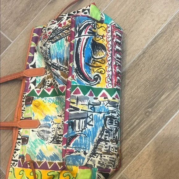 PRADA Venice Print Top Handle Tote Bag nylon Canvas x Leather